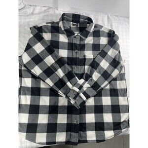 Eddie Bauer Women’s XL Fleece Shirt Jacket Shacket Buffalo Plaid Black White